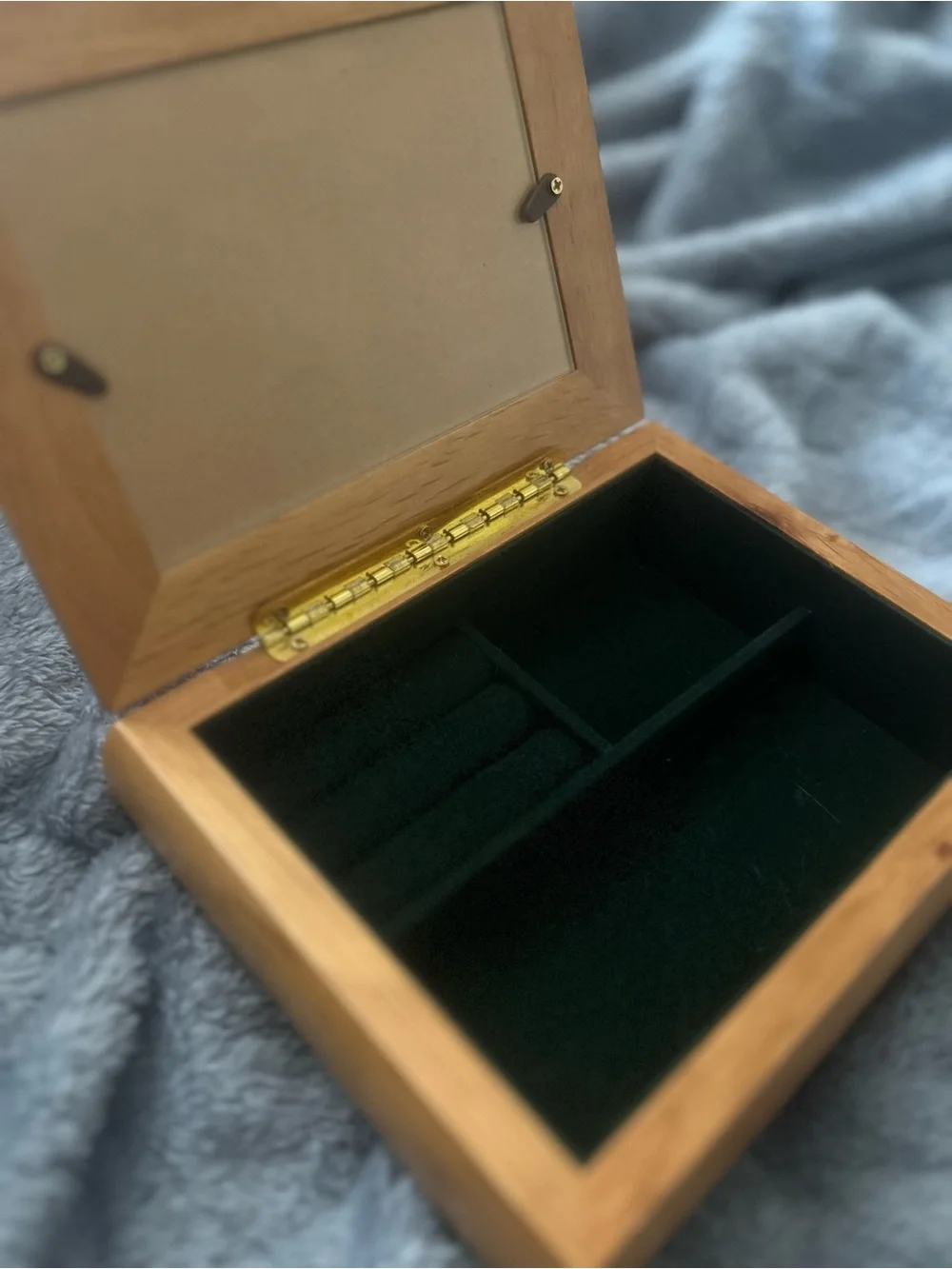 Wooden Photo Jewelry Box with Dark Green Velvet Interior